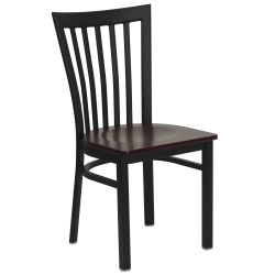 Black School House Back Metal Restaurant Chair - Mahogany Wood Seat