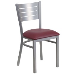 Silver Slat Back Metal Restaurant Chair - Burgundy Vinyl Seat