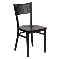 Black Grid Back Metal Restaurant Chair - Mahogany Wood Seat