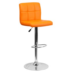 Contemporary Orange Quilted Vinyl Adjustable Height Bar Stool with Chrome Base