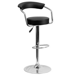 Contemporary Black Vinyl Adjustable Height Bar Stool with Arms and Chrome Base