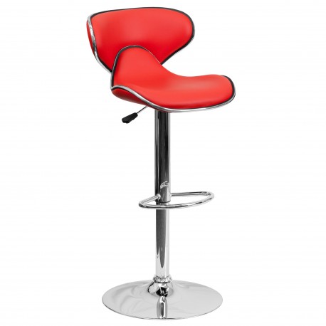 Contemporary Cozy Mid-Back Red Vinyl Adjustable Height Bar Stool with Chrome Base