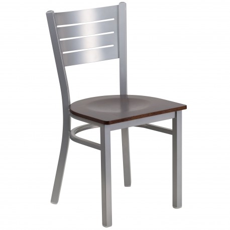 Silver Slat Back Metal Restaurant Chair - Walnut Wood Seat