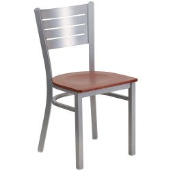 Silver Slat Back Metal Restaurant Chair - Cherry Wood Seat