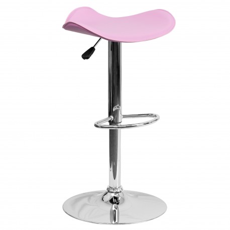 Contemporary Pink Vinyl Adjustable Height Bar Stool with Chrome Base