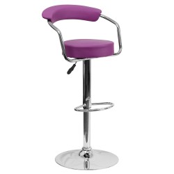 Contemporary Purple Vinyl Adjustable Height Bar Stool with Arms and Chrome Base