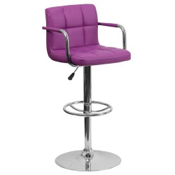 Contemporary Purple Quilted Vinyl Adjustable Height Bar Stool with Arms and Chrome Base