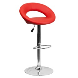 Contemporary Red Vinyl Rounded Back Adjustable Height Bar Stool with Chrome Base