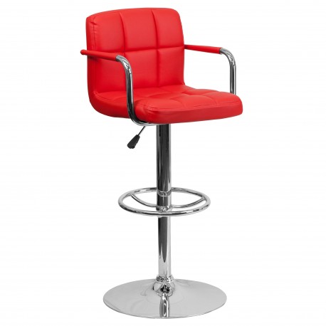 Contemporary Red Quilted Vinyl Adjustable Height Bar Stool with Arms and Chrome Base