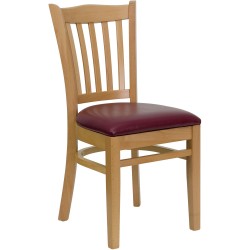 Natural Wood Finished Vertical Slat Back Wooden Restaurant Chair - Burgundy Vinyl Seat
