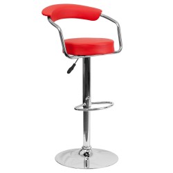 Contemporary Red Vinyl Adjustable Height Bar Stool with Arms and Chrome Base
