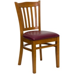 Cherry Finished Vertical Slat Back Wooden Restaurant Chair - Burgundy Vinyl Seat