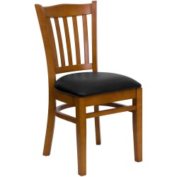 Cherry Finished Vertical Slat Back Wooden Restaurant Chair - Black Vinyl Seat