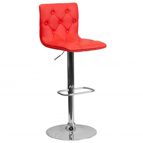 Contemporary Tufted Red Vinyl Adjustable Height Bar Stool with Chrome Base