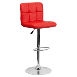 Contemporary Red Quilted Vinyl Adjustable Height Bar Stool with Chrome Base