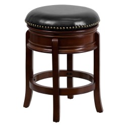 24'' Backless Cherry Wood Counter Height Stool with Black Leather Swivel Seat