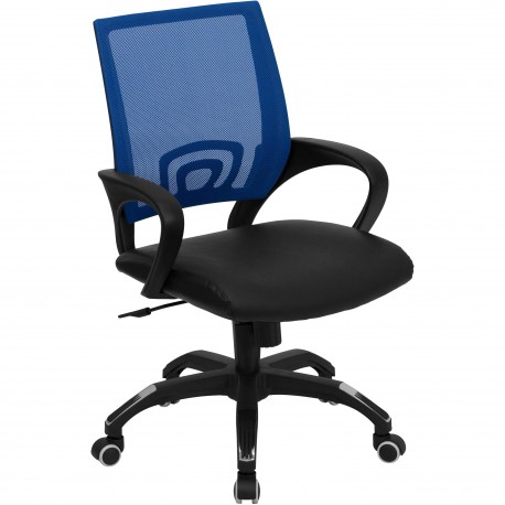 Mid-Back Blue Mesh Computer Chair with Black Leather Seat