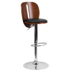 Walnut Bentwood Adjustable Height Bar Stool with Black Vinyl Seat and Cutout Back