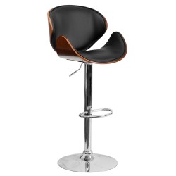 Walnut Bentwood Adjustable Height Bar Stool with Curved Black Vinyl Seat and Back