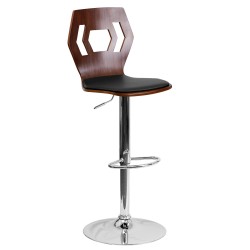 Walnut Bentwood Adjustable Height Bar Stool with Black Vinyl Seat and Cutout Back