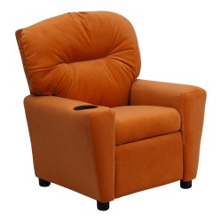 Contemporary Orange Microfiber Kids Recliner with Cup Holder