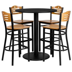 36'' Round Black Laminate Table Set with 4 Wood Slat Back Metal Bar Stools - Natural Wood Seat
