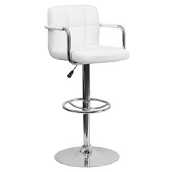 Contemporary White Quilted Vinyl Adjustable Height Bar Stool with Arms and Chrome Base