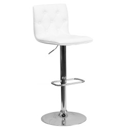 Contemporary Tufted White Vinyl Adjustable Height Bar Stool with Chrome Base