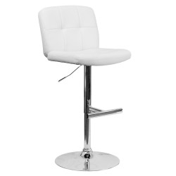 Contemporary Tufted White Vinyl Adjustable Height Bar Stool with Chrome Base