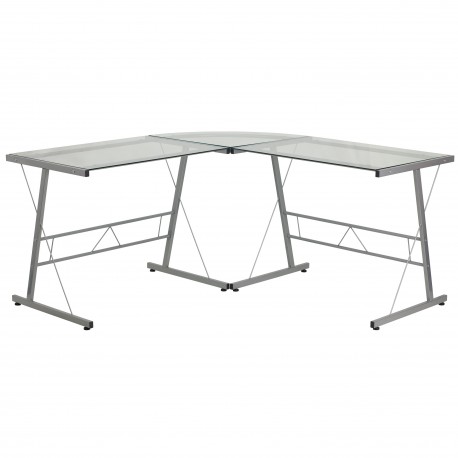 Glass L-Shape Computer Desk with Silver Frame Finish