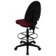 Mid-Back Burgundy Fabric Multi-Functional Drafting Stool with Adjustable Lumbar Support