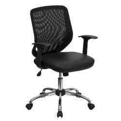 Mid-Back Black Office Chair with Mesh Back and Leather Seat