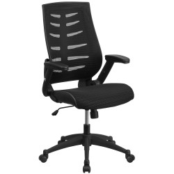High Back Black Mesh Chair with Designer Fabric Seat and Nylon Base