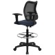 Mid-Back Mesh Drafting Stool with Navy Blue Fabric Seat and Arms