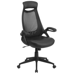 High Back Executive Black Mesh Chair with Leather Seat and Flip-Up Arms