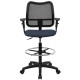 Mid-Back Mesh Drafting Stool with Navy Blue Fabric Seat and Arms