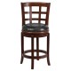 24'' Cherry Wood Counter Height Stool with Black Leather Swivel Seat