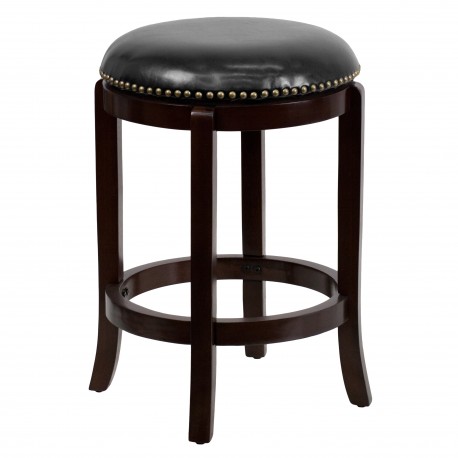 24'' Backless Cappuccino Wood Counter Height Stool with Black Leather Swivel Seat