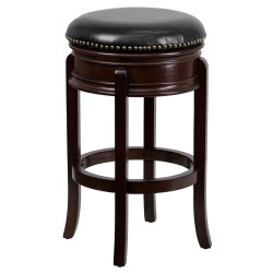 29'' Backless Cappuccino Wood Bar Stool with Black Leather Swivel Seat