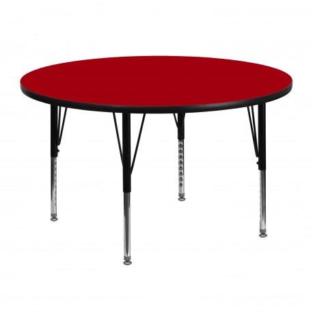 48'' Round Activity Table with Red Thermal Fused Laminate Top and Height Adjustable Pre-School Legs