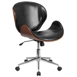 Mid-Back Natural Wood Swivel Conference Chair in Black Leather