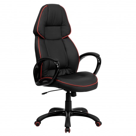 High Back Black Vinyl Executive Office Chair with Red Pipeline Border