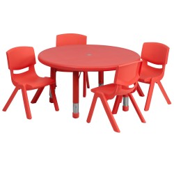 33'' Round Adjustable Red Plastic Activity Table Set with 4 School Stack Chairs