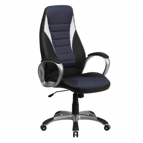 High Back Black Vinyl Executive Office Chair with Blue Mesh Inserts