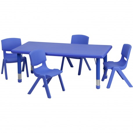 24''W x 48''L Adjustable Rectangular Blue Plastic Activity Table Set with 4 School Stack Chairs