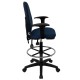 Mid-Back Navy Blue Fabric Multi-Functional Drafting Stool with Arms and Adjustable Lumbar Support