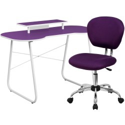 Purple Computer Desk with Monitor Platform and Mesh Chair