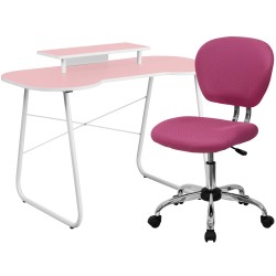 Pink Computer Desk with Monitor Platform and Mesh Chair