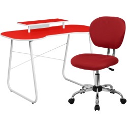 Red Computer Desk with Monitor Platform and Mesh Chair