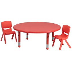 45'' Round Adjustable Red Plastic Activity Table Set with 2 School Stack Chairs